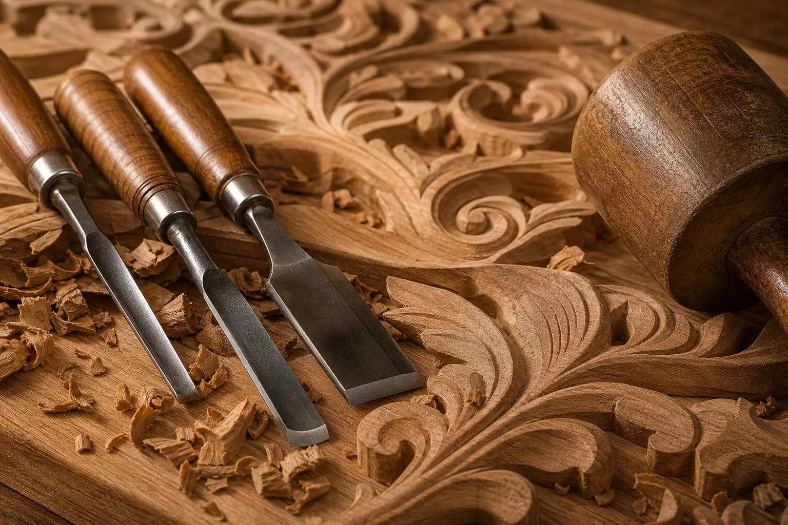 Hand tools and a part-carved oak panel on a carpenter's workbench