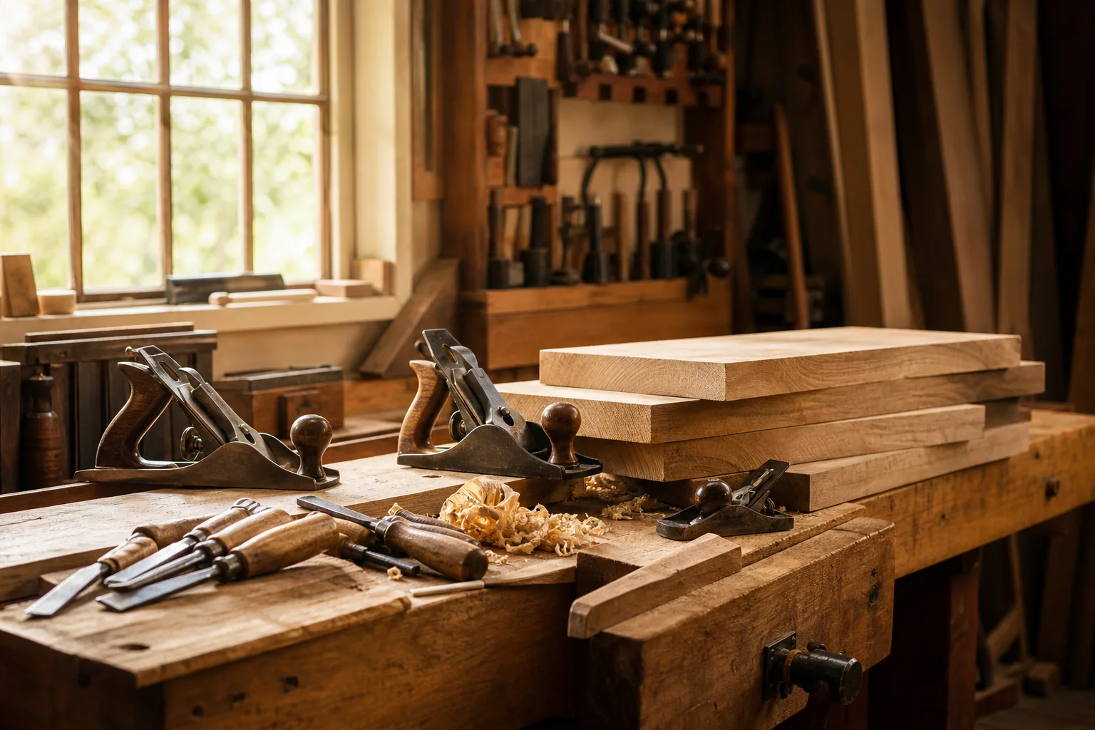 A carpenter's workbench with hand planes, chisels and freshly sawn oak timber